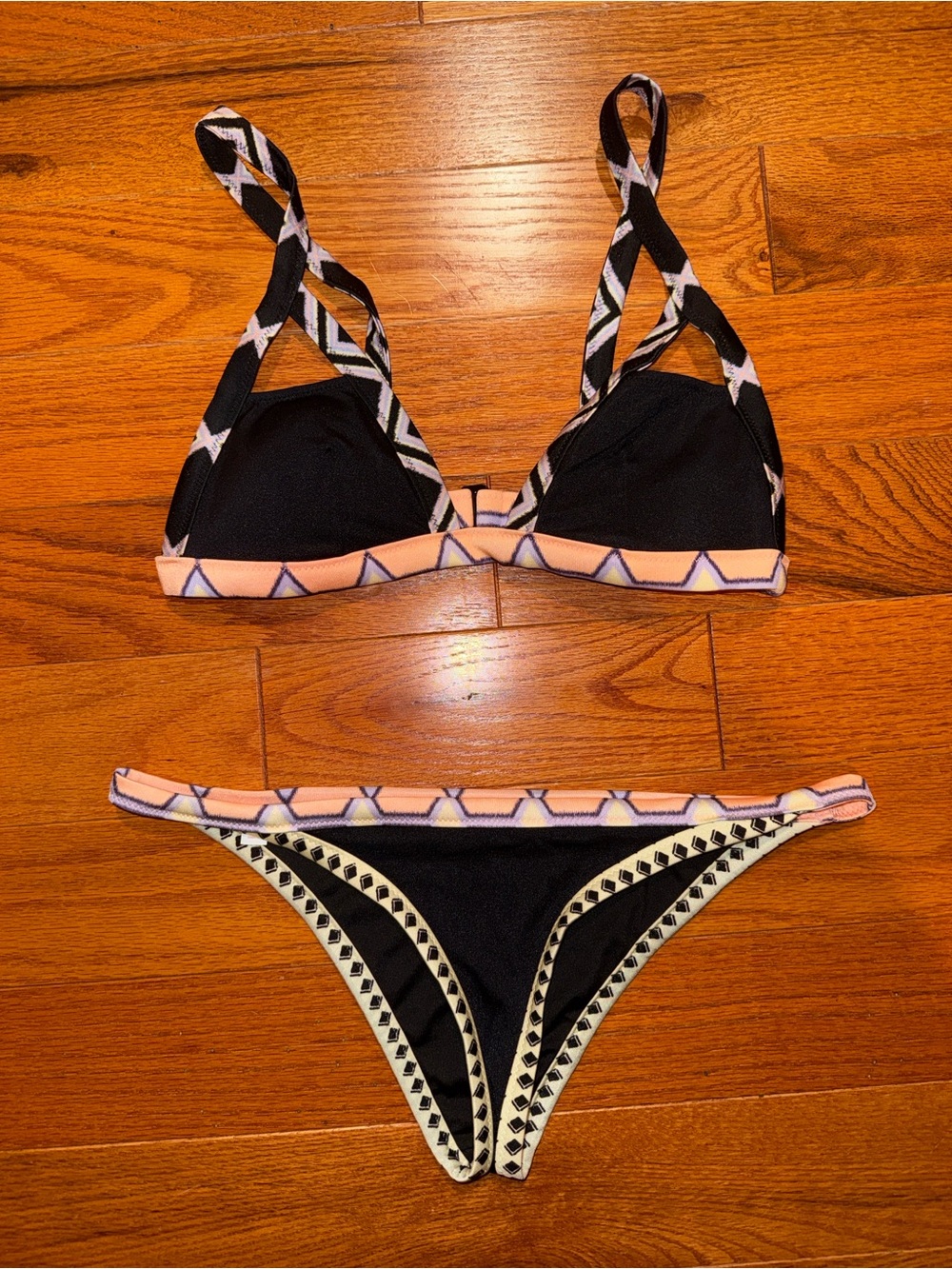 Victoria's Secret Black Aztec print cheeky Bikini with Peach and White Trim S